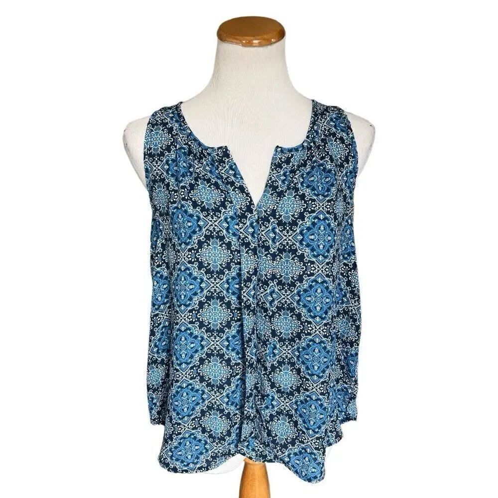 Womens Pink Rose Paisley Persian Patchwork Sleeveless Flowy Top - Sz L